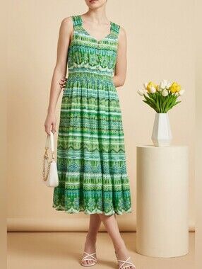 Papa Green Printed Sleeveless Maxi Dress with Smocked Waist